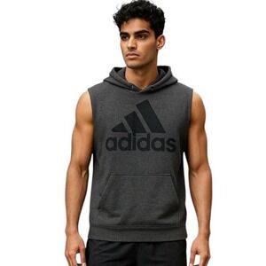 Mens Adidas Heather Grey Sleeveless Hooded Kangaroo‎ Pocket Athletic Hoodie US M